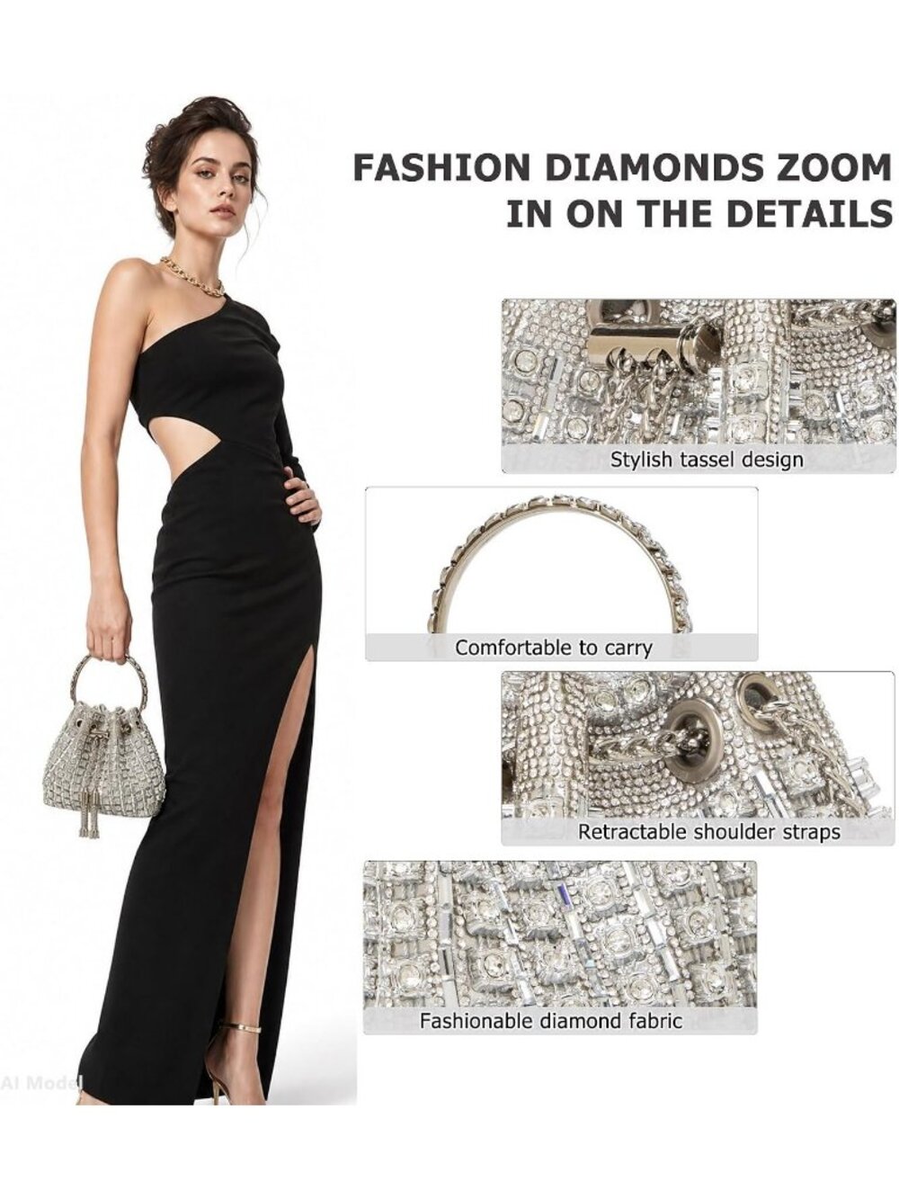 Women's Silver Sparkly Rhinestone Clutch Purse Bucket Evening Bag with Chain - Picture 5 of 6